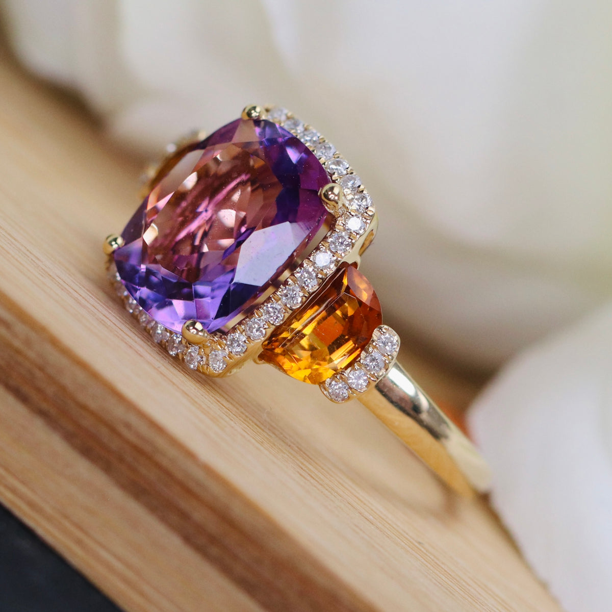 Citrine, amethyst, and diamond ring in 14k yellow gold by Effy