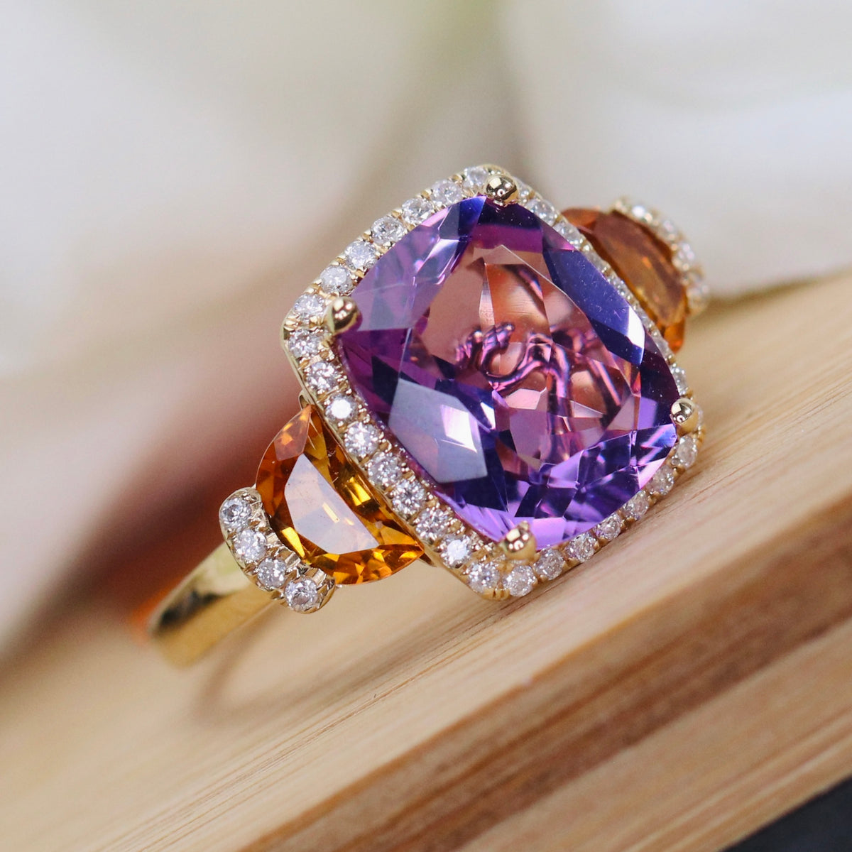 Citrine, amethyst, and diamond ring in 14k yellow gold by Effy