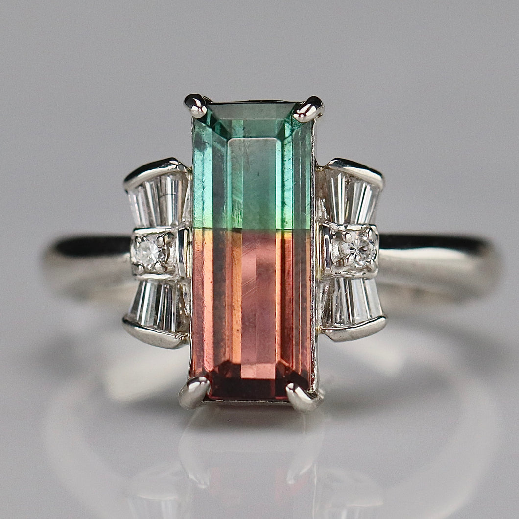 Estate watermelon tourmaline and diamond ring in platinum