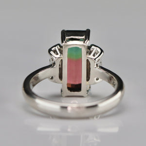 Estate watermelon tourmaline and diamond ring in platinum