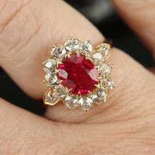 Load image into Gallery viewer, Edwardian Old mine cut diamond and lab ruby cluster ring in 18k yellow gold