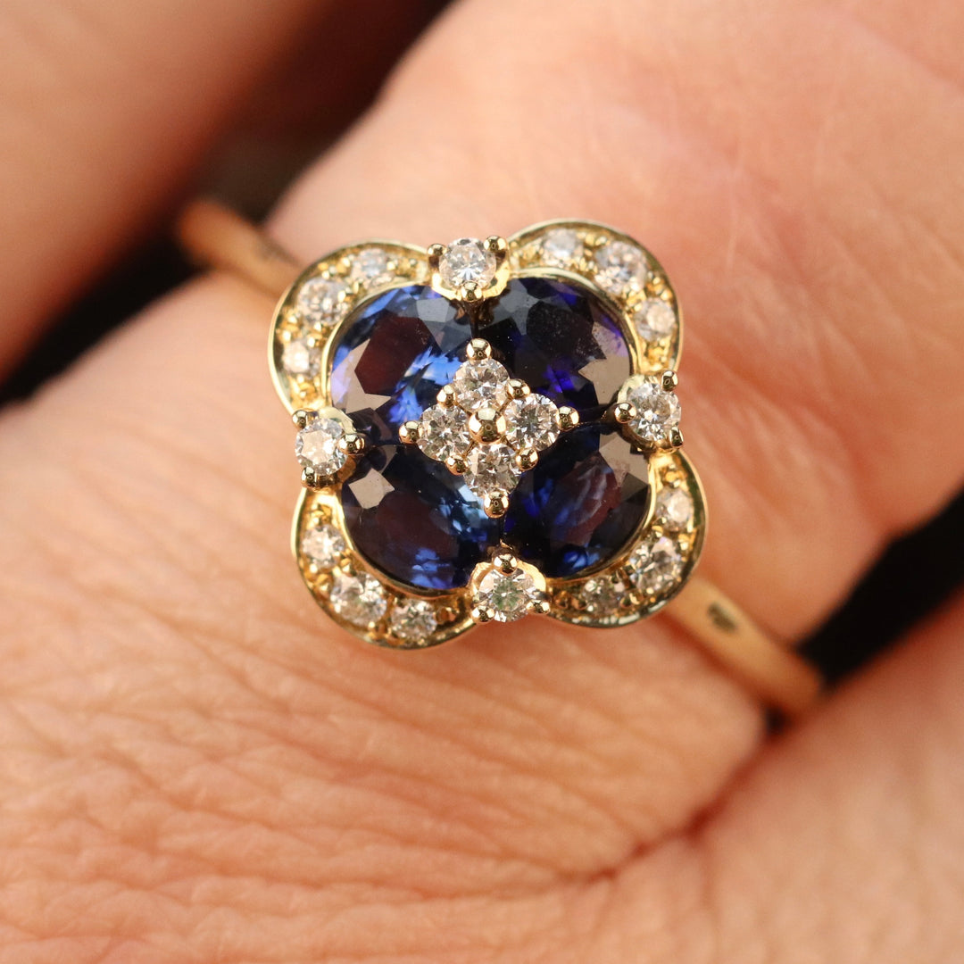 Sapphire and diamond cluster ring in 14k yellow gold