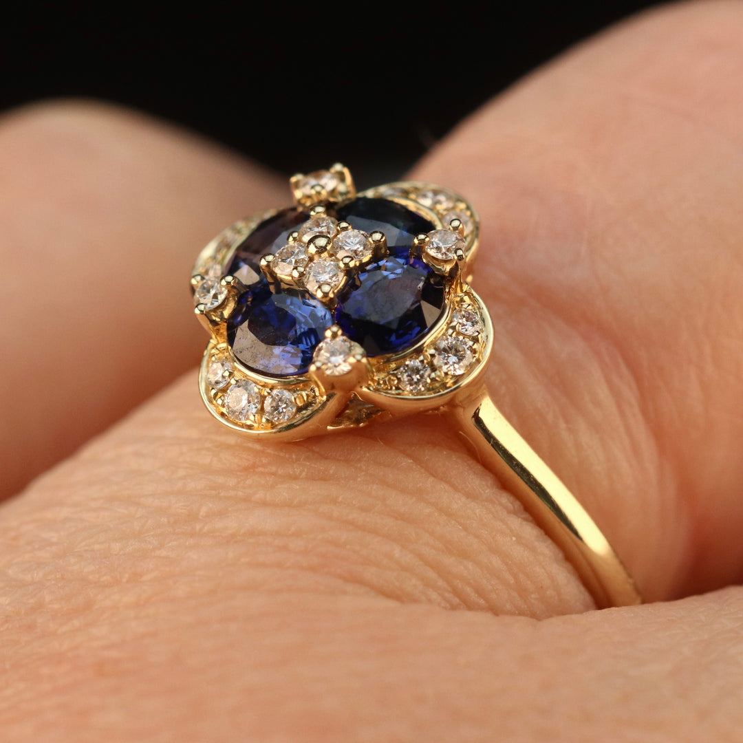 Sapphire and diamond cluster ring in 14k yellow gold