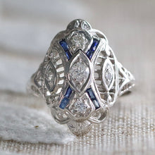 Load image into Gallery viewer, Detailed Vintage OMC diamond and sapphire plaque ring in 14k white gold