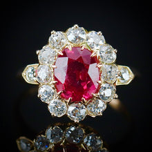 Load image into Gallery viewer, Edwardian Old mine cut diamond and lab ruby cluster ring in 18k yellow gold