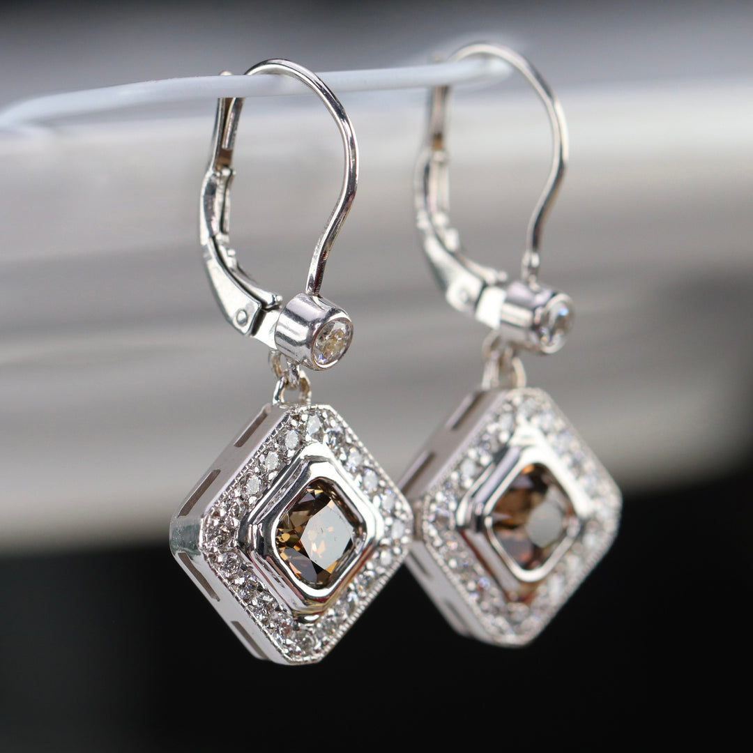 Chocolate and white earth mined diamond earrings in 14k white gold