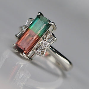 Estate watermelon tourmaline and diamond ring in platinum