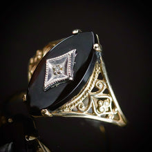 Load image into Gallery viewer, Vintage navette onyx and diamond ring in yellow gold