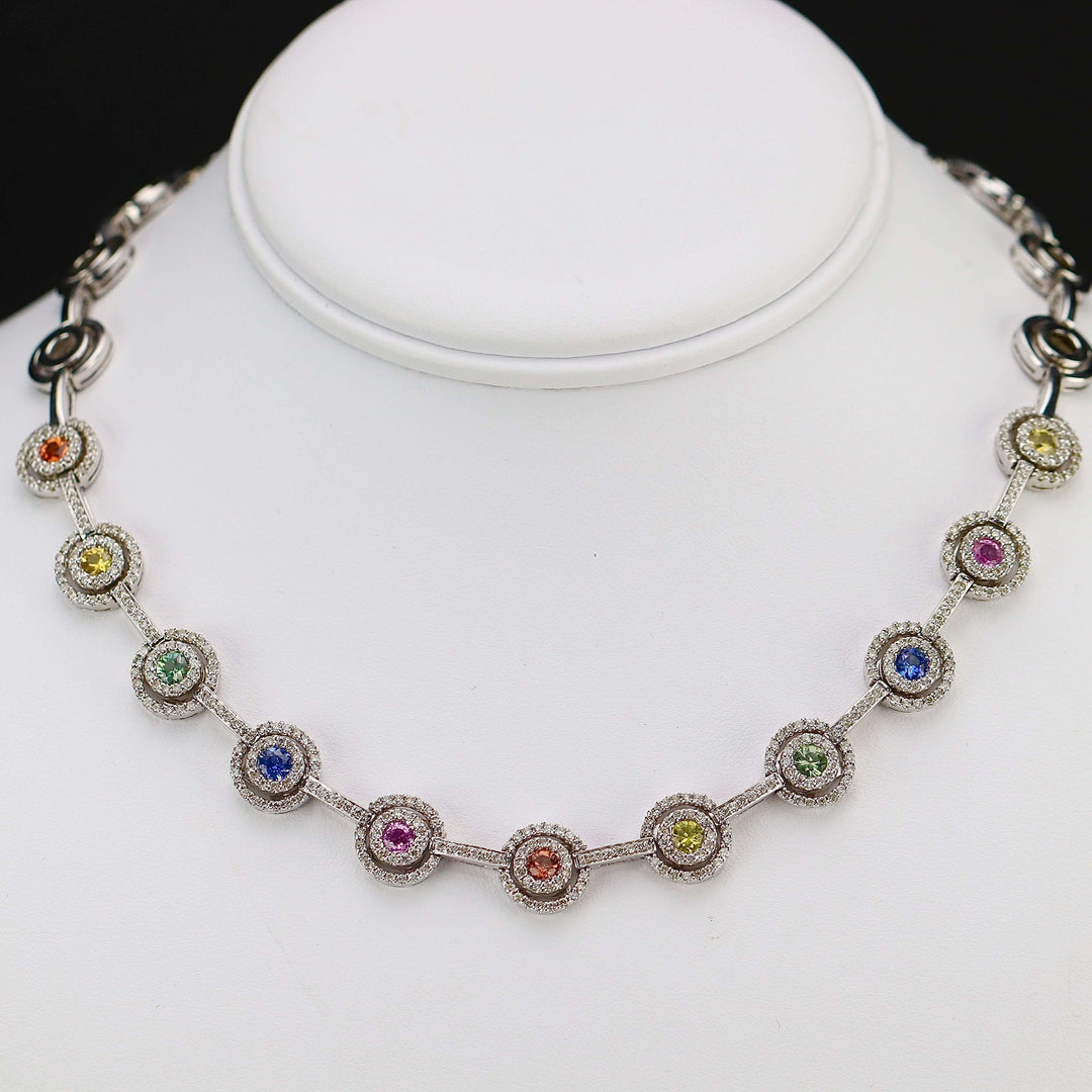  Estate Fancy colored Sapphire and diamond necklace in 14k white gold consignment