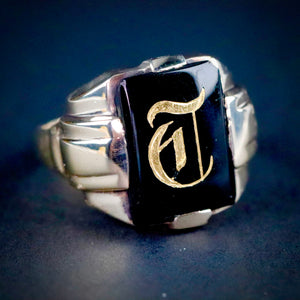 Vintage onyx initial T ring in yellow gold