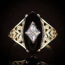 Load image into Gallery viewer, Vintage navette onyx and diamond ring in yellow gold