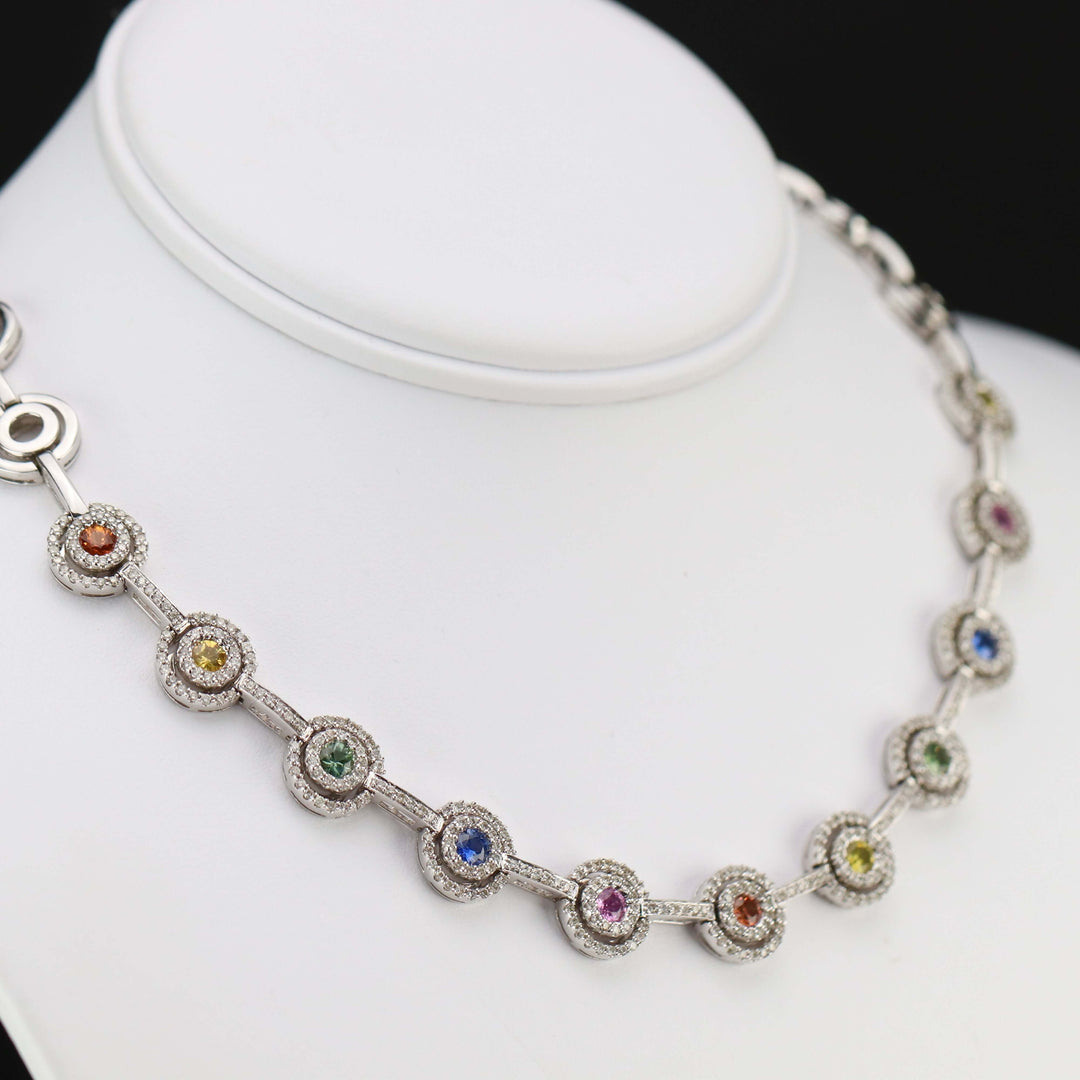 Estate Fancy colored Sapphire and diamond necklace in 14k white gold consignment