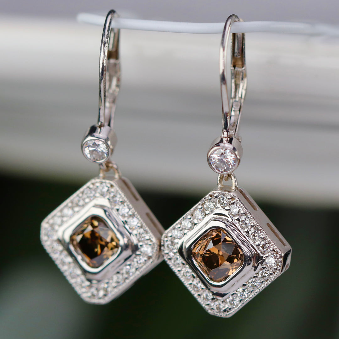 Chocolate and white earth mined diamond earrings in 14k white gold