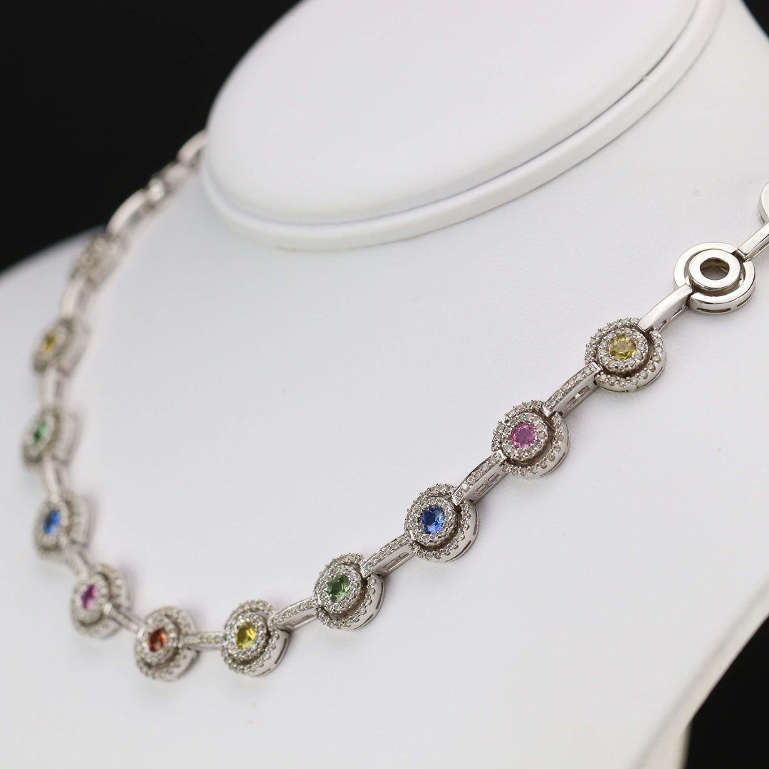  Estate Fancy colored Sapphire and diamond necklace in 14k white gold consignment