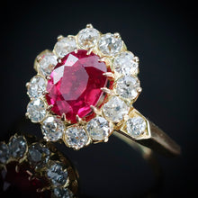 Load image into Gallery viewer, Edwardian Old mine cut diamond and lab ruby cluster ring in 18k yellow gold