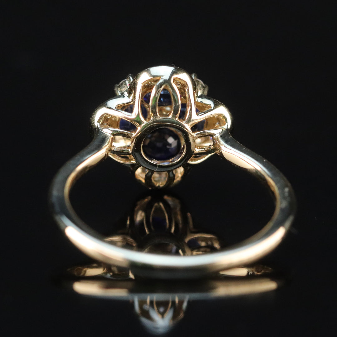 Sapphire and diamond cluster ring in 14k yellow gold