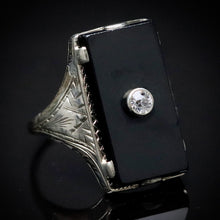 Load image into Gallery viewer, Vintage antique onyx ring in white gold