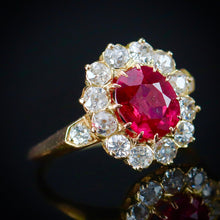 Load image into Gallery viewer, Edwardian Old mine cut diamond and lab ruby cluster ring in 18k yellow gold