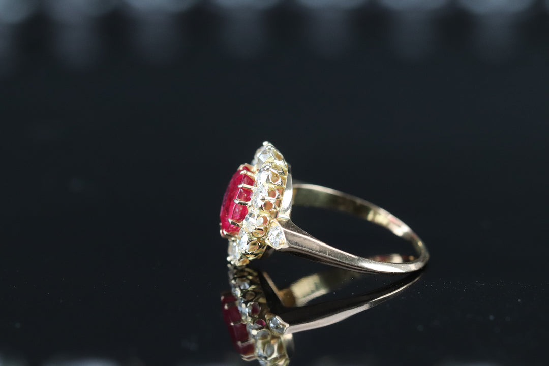 Edwardian Old mine cut diamond and lab ruby cluster ring in 18k yellow gold