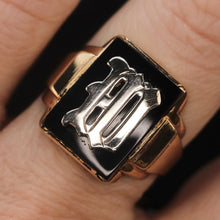 Load image into Gallery viewer, Vintage onyx ring with initial W in yellow gold