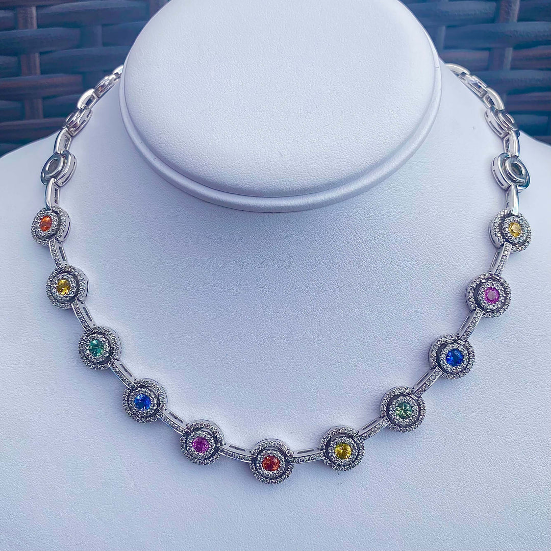 Estate Fancy colored Sapphire and diamond necklace in 14k white gold consignment