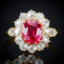 Load image into Gallery viewer, Edwardian Old mine cut diamond and lab ruby cluster ring in 18k yellow gold