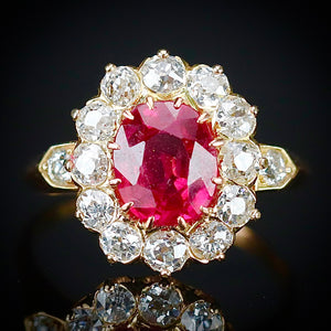 Edwardian Old mine cut diamond and lab ruby cluster ring in 18k yellow gold