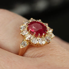 Load image into Gallery viewer, Edwardian Old mine cut diamond and lab ruby cluster ring in 18k yellow gold