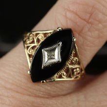 Load image into Gallery viewer, Vintage navette onyx and diamond ring in yellow gold