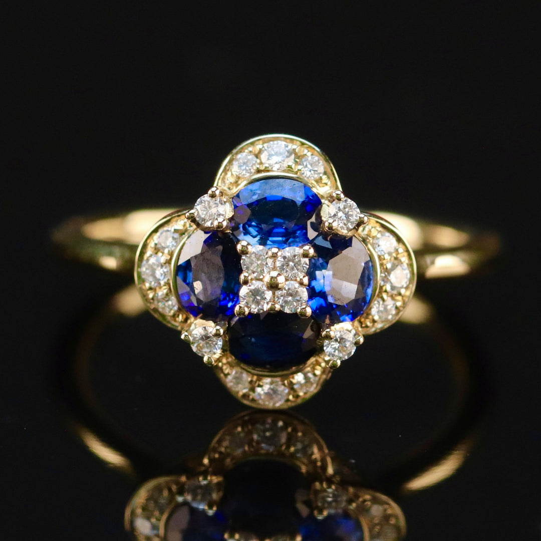 SALE!!  Sapphire and diamond cluster ring in 14k yellow gold