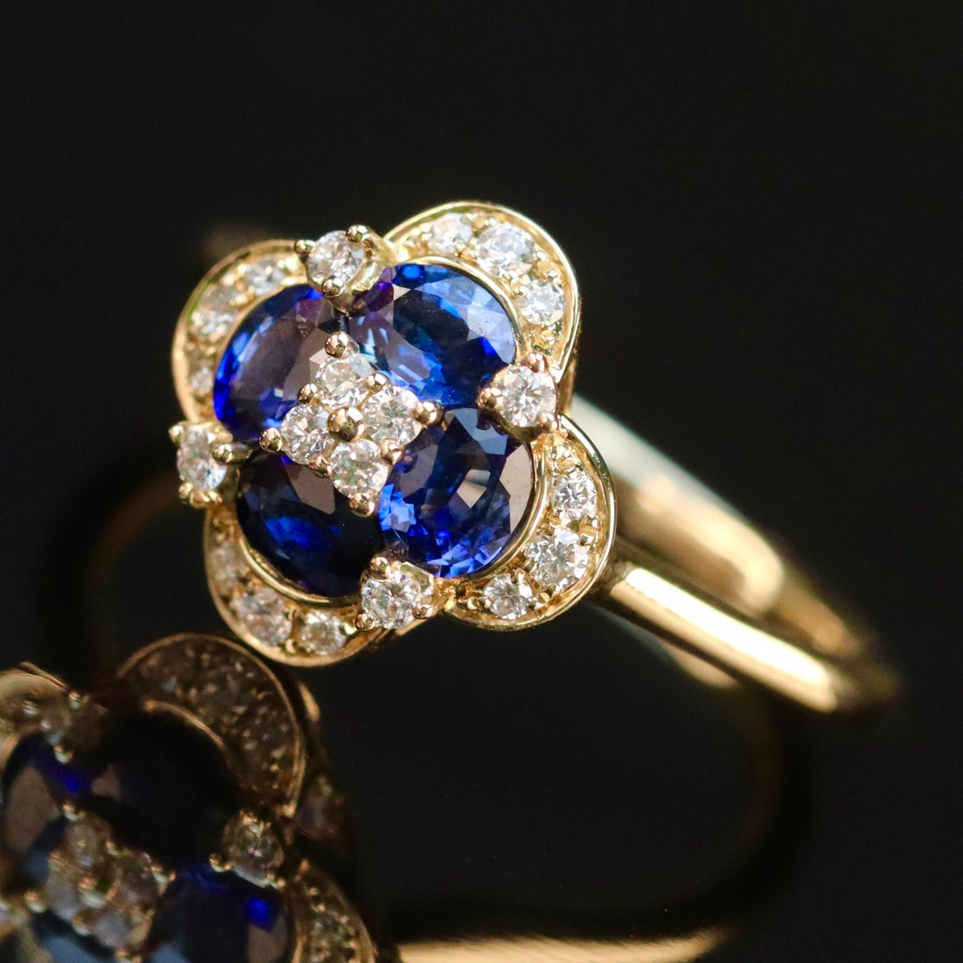 Sapphire and diamond cluster ring in 14k yellow gold