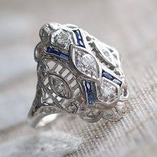 Load image into Gallery viewer, Detailed Vintage OMC diamond and sapphire plaque ring in 14k white gold