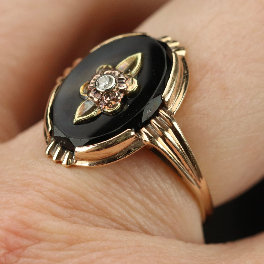 MEGA SALE!  Classic vintage onyx and diamond ring in 14k yellow gold