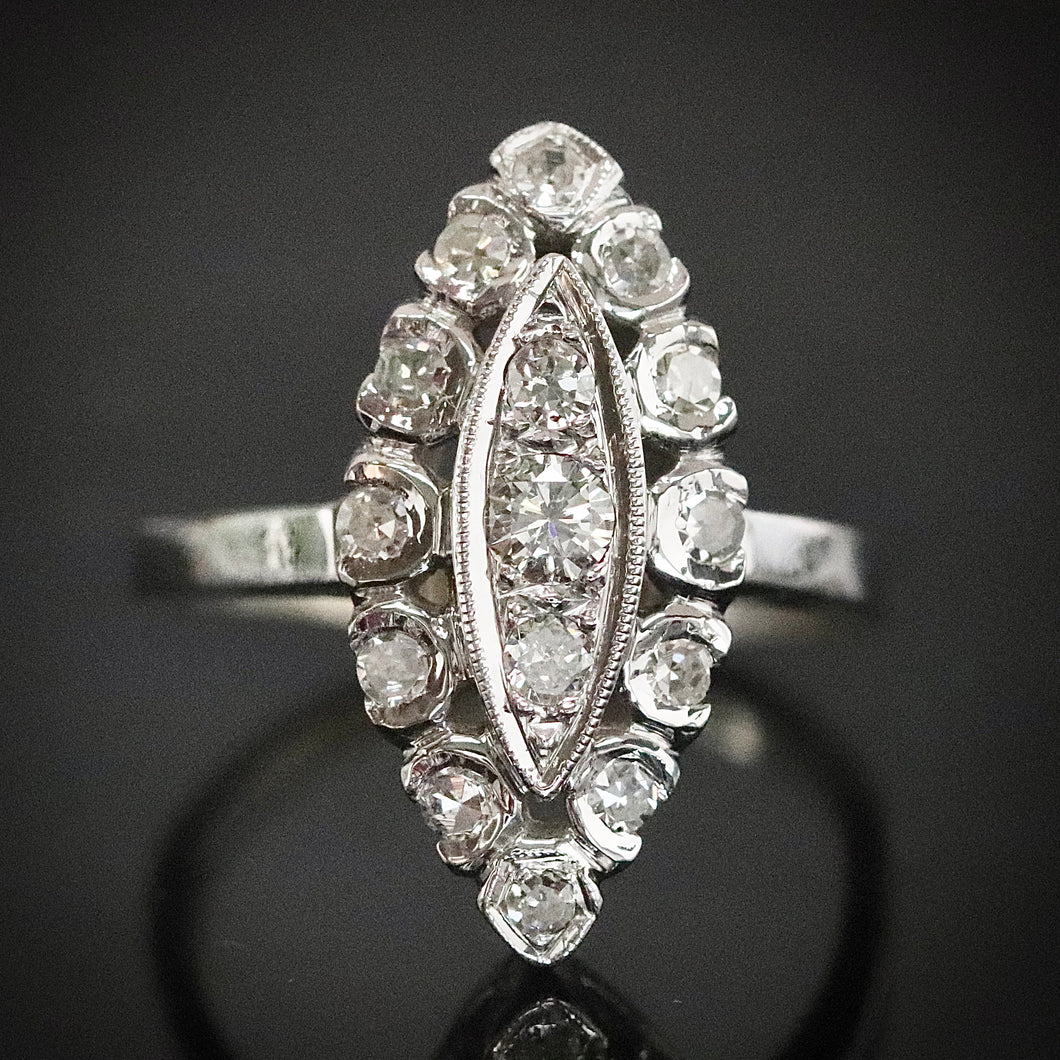 Vintage diamond navette ring in 14k white gold from Manor Jewels