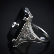 Load image into Gallery viewer, Vintage antique onyx ring in white gold