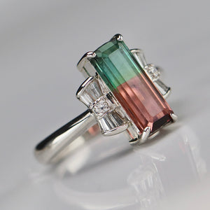 Estate watermelon tourmaline and diamond ring in platinum