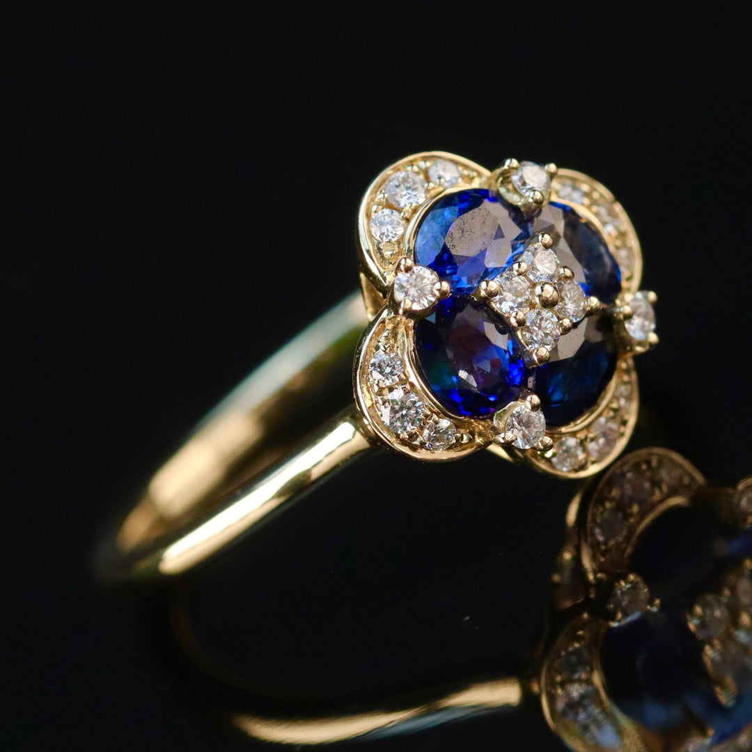 Sapphire and diamond cluster ring in 14k yellow gold