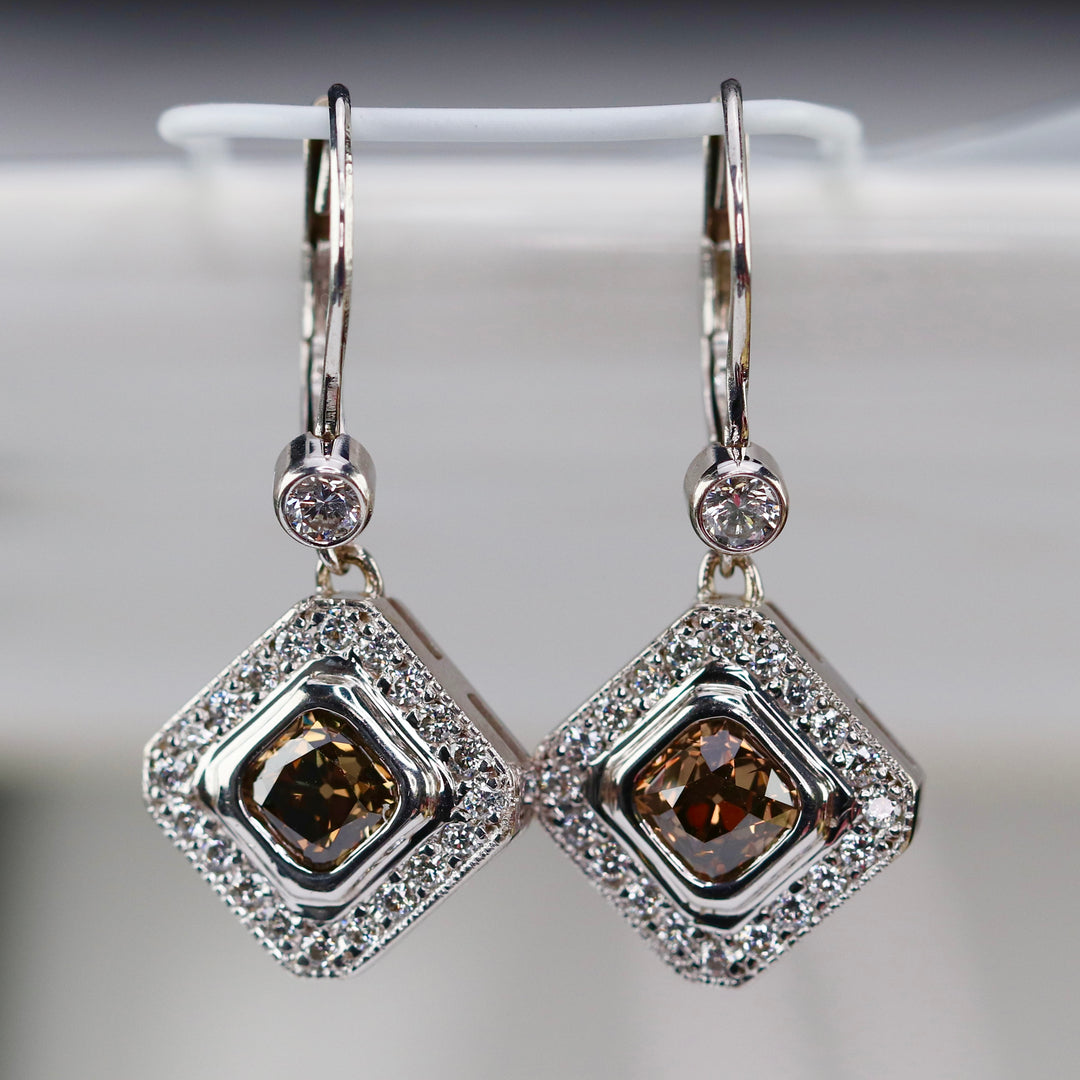 Chocolate and white earth mined diamond earrings in 14k white gold