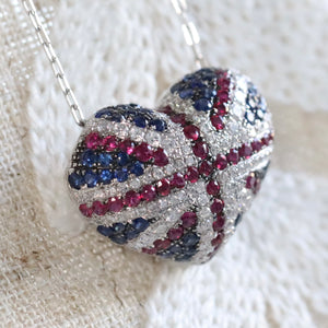 Union Jack heart sapphire, ruby & Diamond necklace in 18k white gold