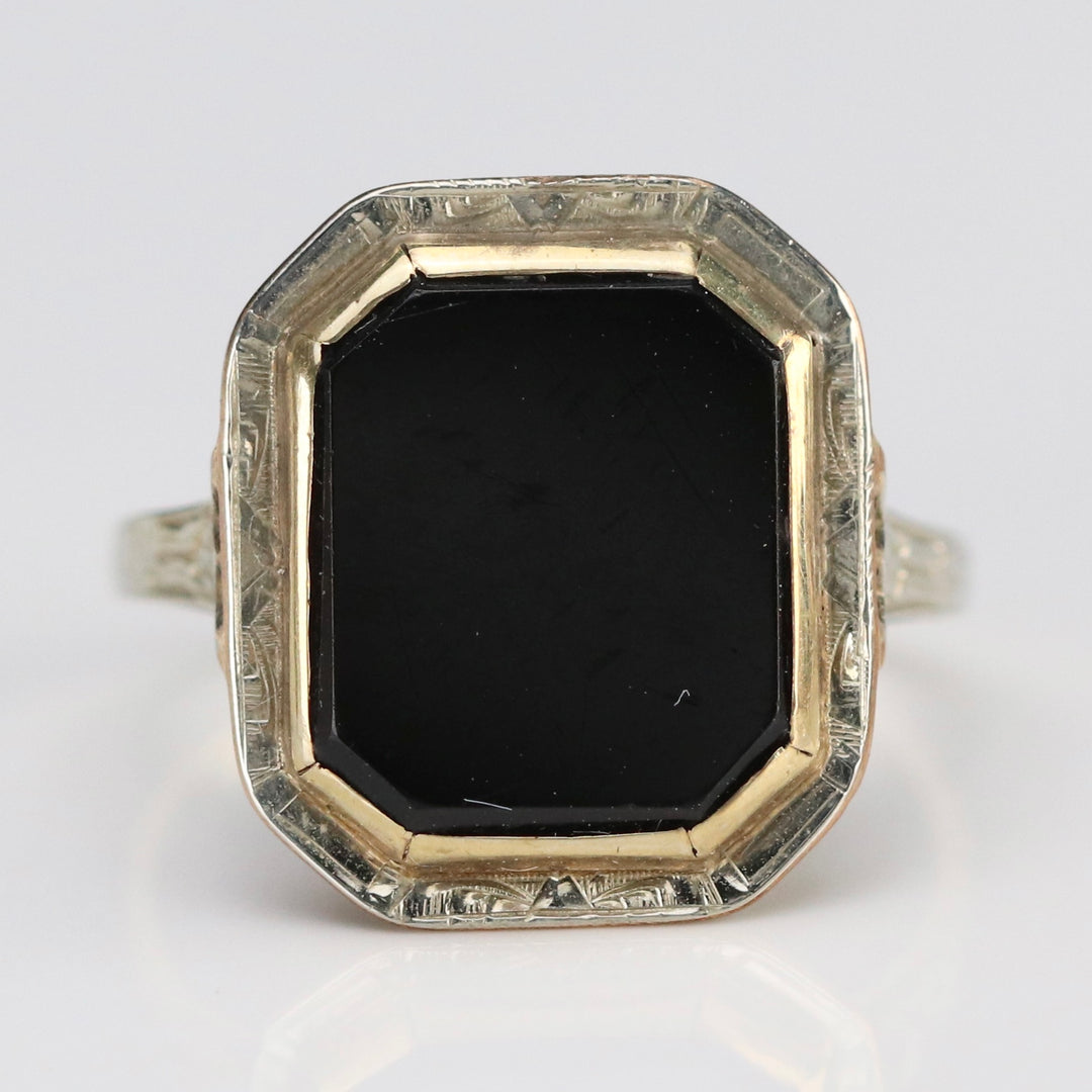 Edwardian onyx ring in yellow and white gold