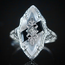 Load image into Gallery viewer, Vintage ring with onyx and rock crystal in 14k white gold filigree from Manor Jewels.