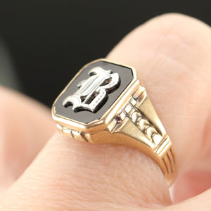 Ostby Barton vintage onyx B ring in yellow gold