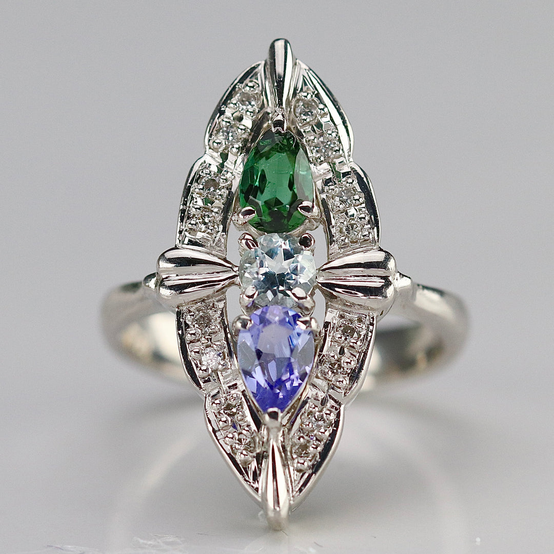 Platinum multi gemstone navette ring