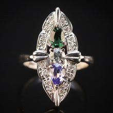 Load image into Gallery viewer, Estate platinum navette ring with diamonds, aquamarine, tanzanite, and tourmaline in platinum from Manor Jewels