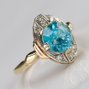 Vintage Blue zircon and diamond ring in yellow gold