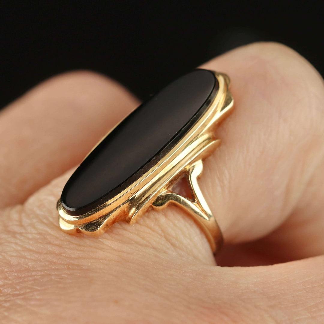 RESERVED: LAYAWAY PAYMENT 1 OF 3: Classic long and lean oval onyx vintage ring in yellow gold