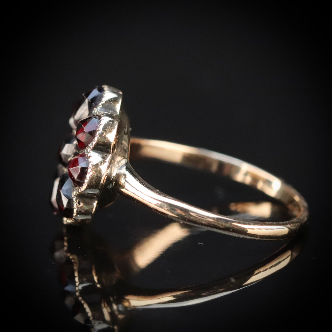 Vintage rose cut Garnet cluster ring in yellow gold