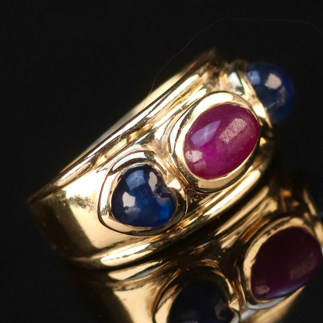 Etruscan style lab grown ruby and sapphire ring in 14k yellow gold