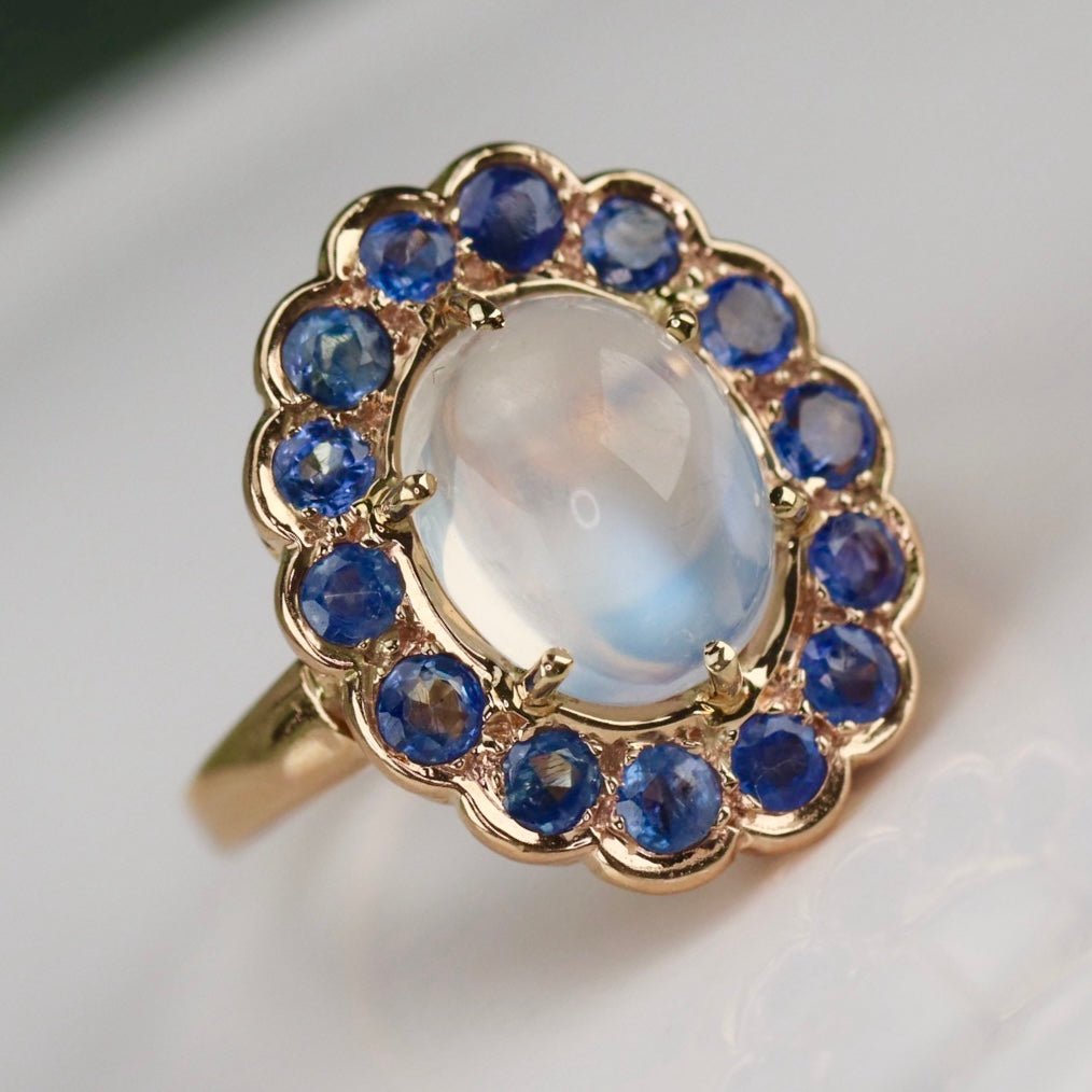 RESERVED: LAYAWAY PAYMENT 4 OF 10: Stunning moonstone and sapphire ring in 14k yellow gold