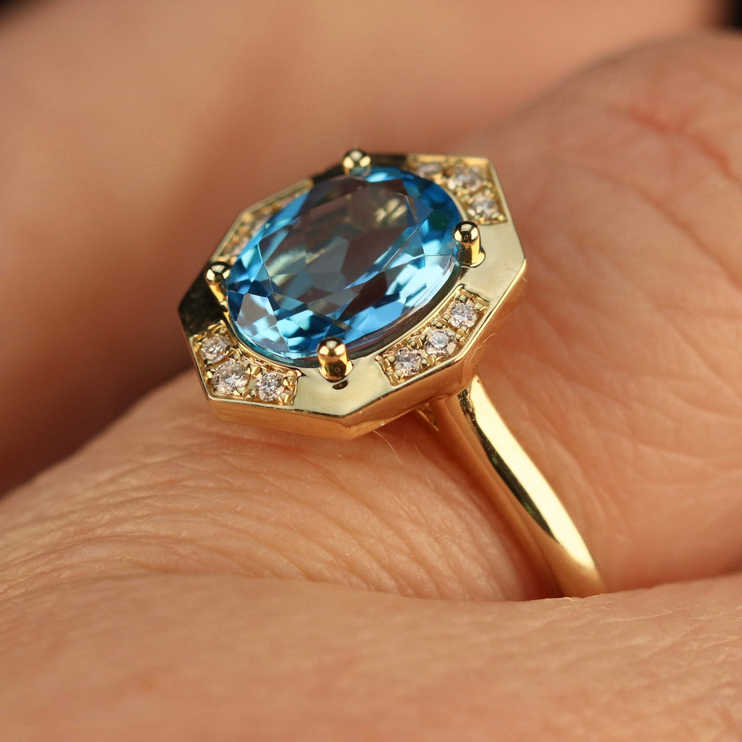 RESERVED FOR DI:  PAYMENT 1 OF 5: SALE!!  Blue topaz and diamond ring in 14k yellow gold